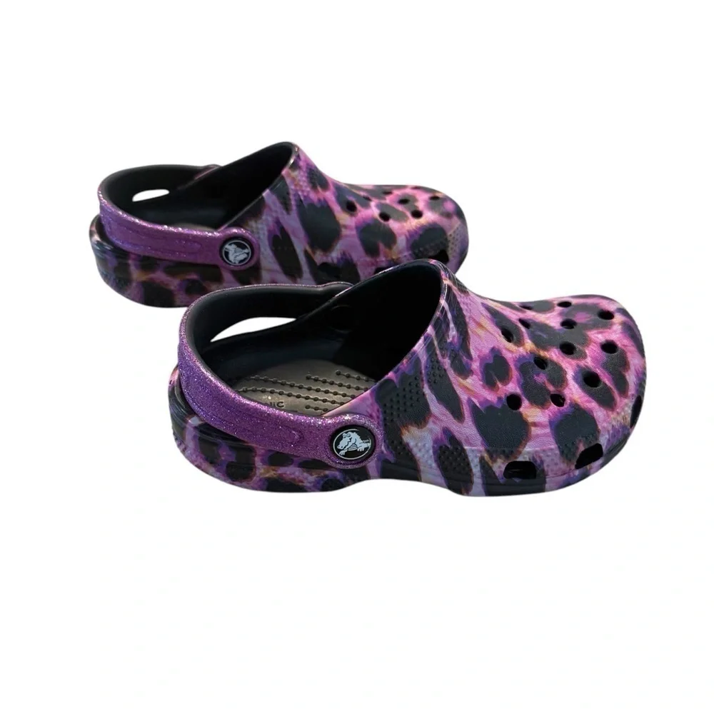 Girl’s Purple and Pink Animal Print Classic CROC with Glitter Strap. EUC